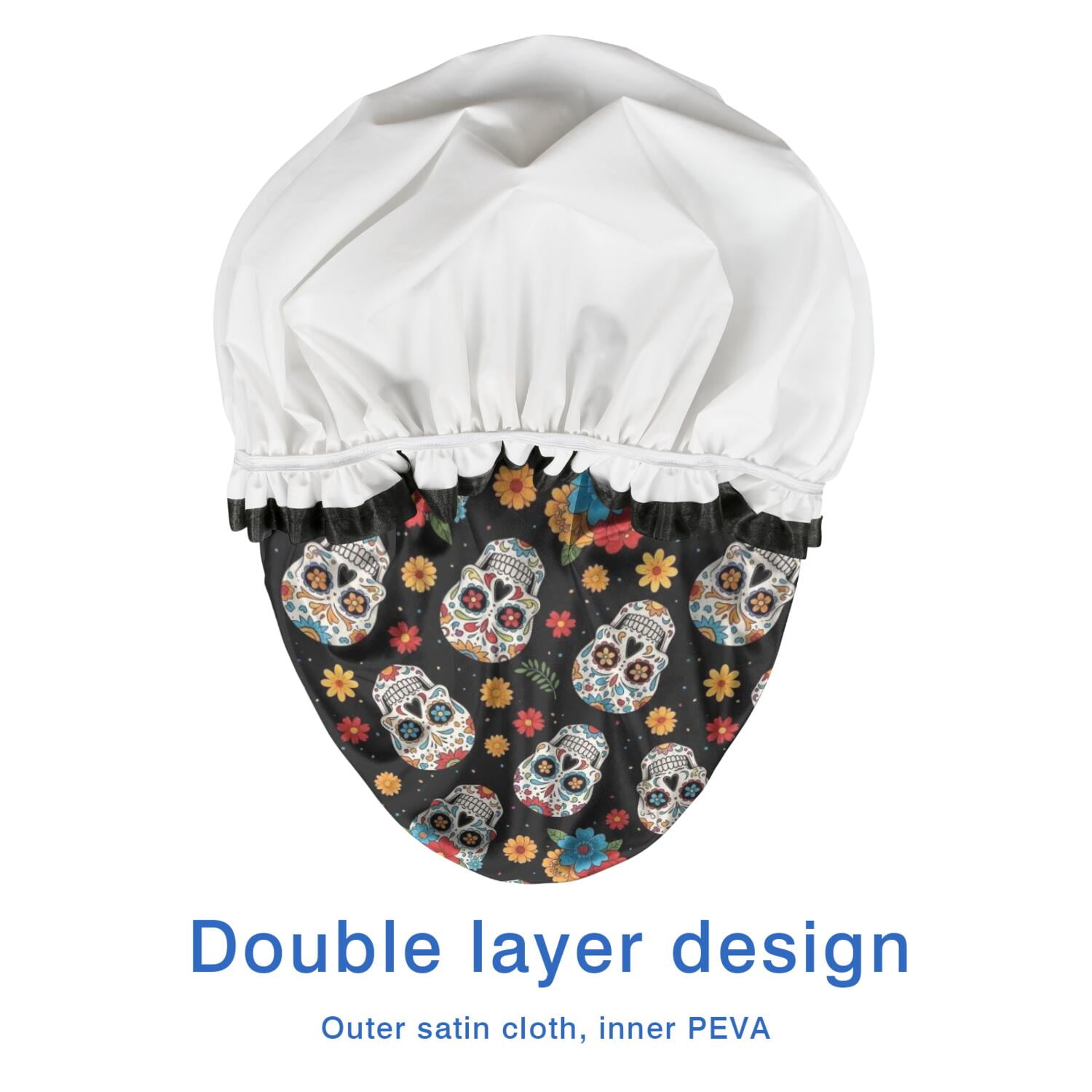 Shower Caps,Black Colorful Skull Flower Pattern Waterproof Shower Cap for Women 4 Pieces,Double Reusable Hair Cover for Shower PEVA Elastic Stretch Hem