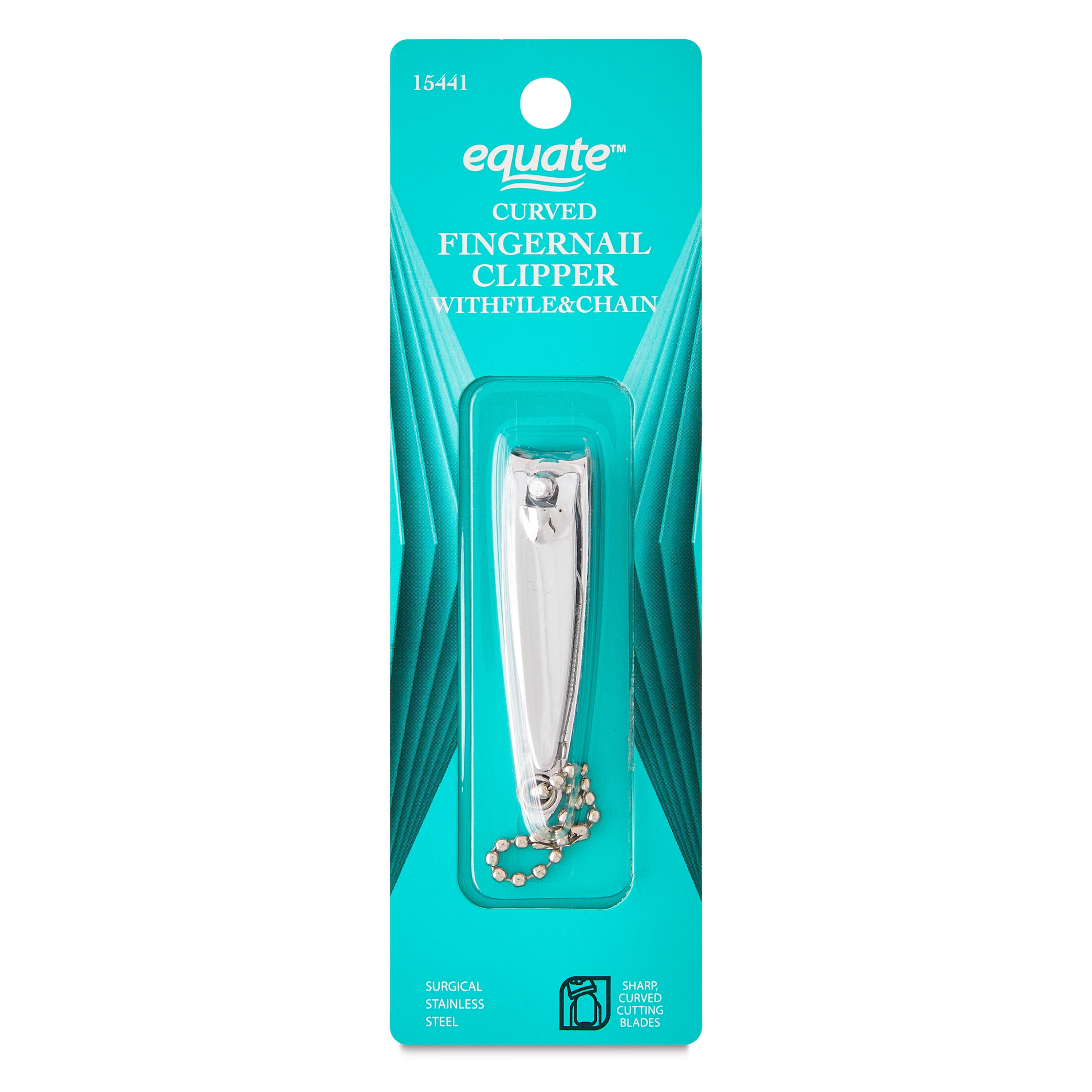 (6 pack) Equate Stainless Steel Curved Fingernail Clipper with File and Chain, 1 Count