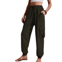 Defitshape Women's Casual Cargo Pants Long Pants Winter Elastic Waist Pocket Mid Rise with Pockets Army Green Large