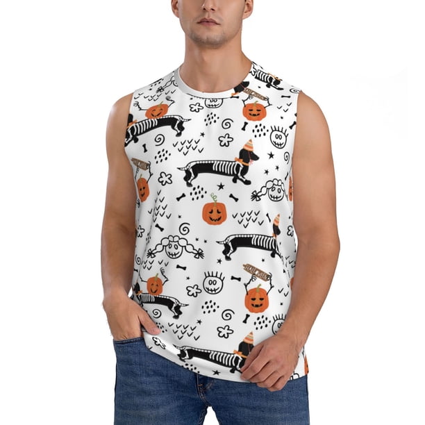 Fotbe Halloween Dachshund Men's Camiseta sin Mangas Estampada para Hombres, Playera Casual para Gimnasio, Entrenamiento, Playa-Large