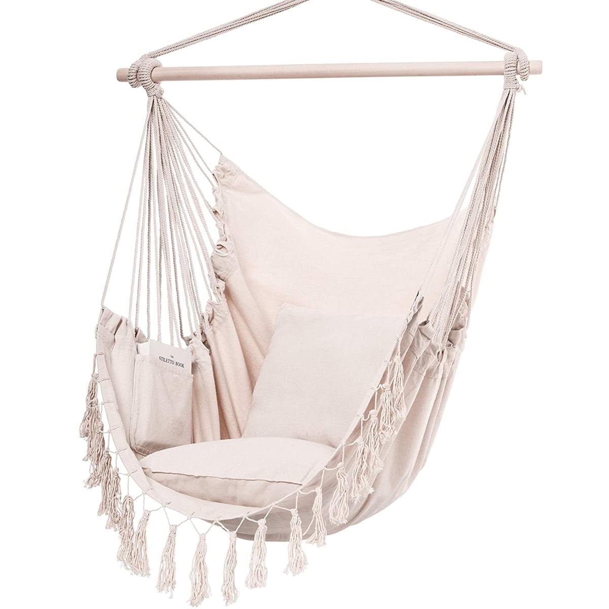 2 Seat Cushions Included Indoor/Outdoor Hanging Rope Hammock Chair Swing Bed 
