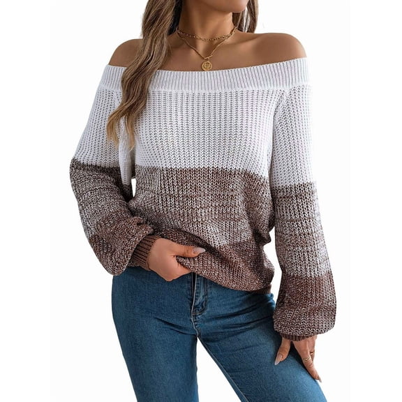Women Crochet Knit Casual Color Block Off Shoulder Trendy Sweaters Pullover Lantern Sleeve Warm Tops Coffee S