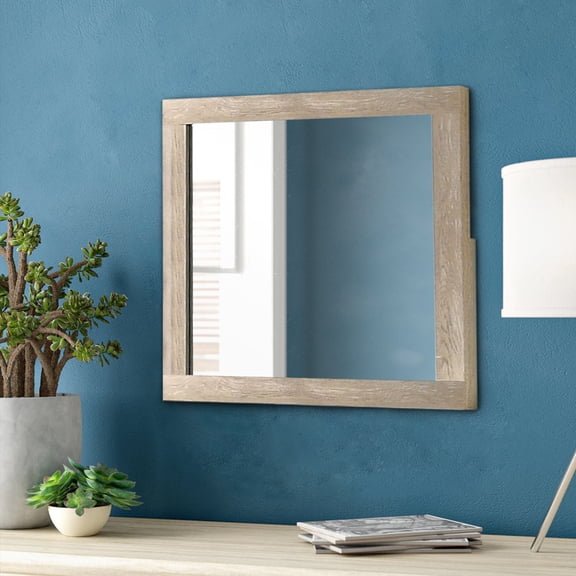 Transitional Style Grained Wood Encased Square Mirror Cream - Saltoro Sherpi