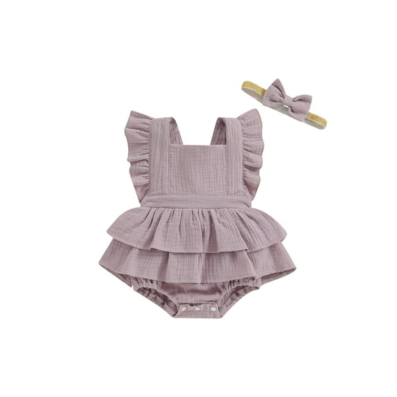 FEORJGP Infant Baby Girls Rompers Dress 6M 9M 12M 18M Newborn Square Neck Jumpsuit Dress Solid Color Fly Sleeve Skirt Hem Bodysuits with Headband Toddler Cute Casual Summer Clothes