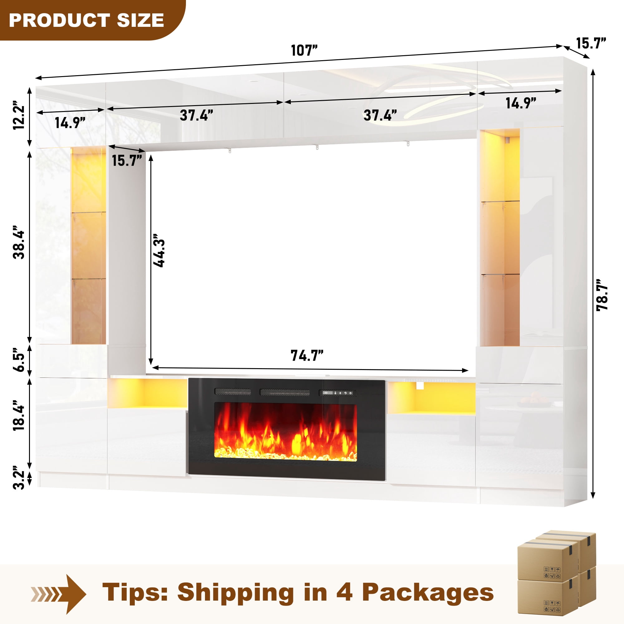 ANPOO 107" Large Wall Unit Entertainment Center with 40" Electric Fireplace, Bookshelves, LED Lights, Modern High Glossy TV Stand Media Console Table with Bridge Cabinet for Living Room & Home Theate
