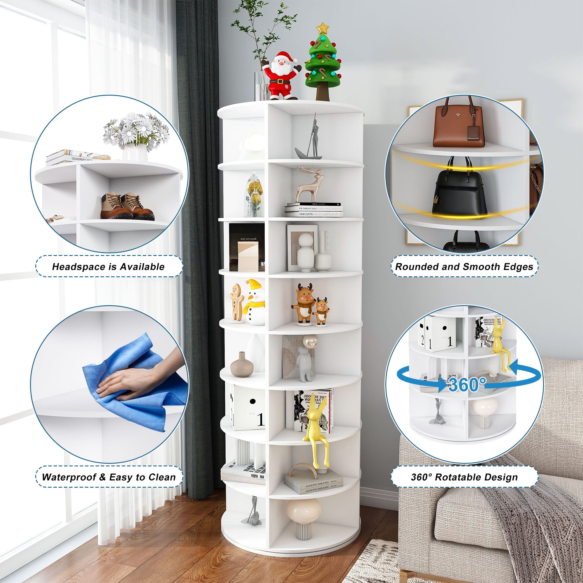 CQSXDA Rotating Shoe Rack Tower in White, 8-Tier Free Standing Revolving Organizer Holds Up to 32 Pairs of Shoes