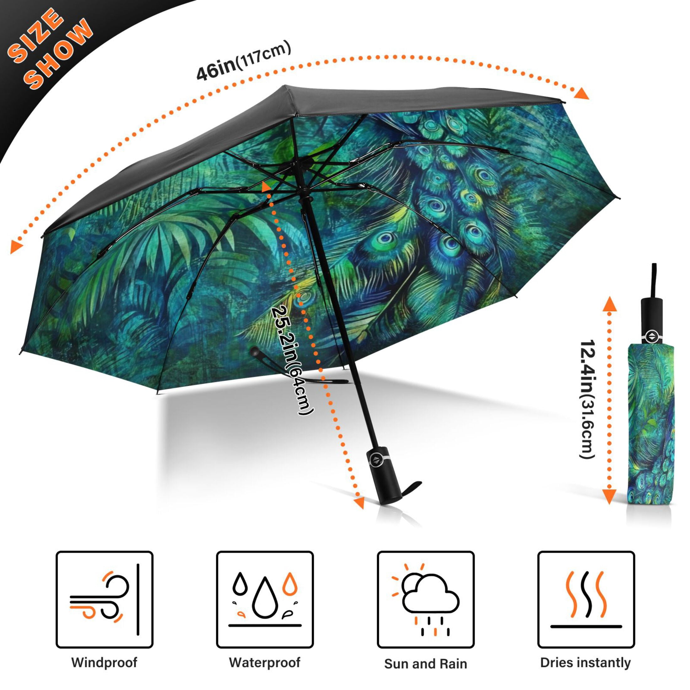 Elegant Peacock in Green Extra Large Automatic Umbrella, UV Protection, Waterproof, Auto Open and Close