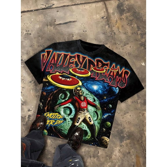 Valley Dreams Skeleton Astronaut UFO Y2K Dark-Style Printed T-Shirt, Loose Oversized Street Fashion Brand Short Sleeve, American Retro Hip-Hop Unisex