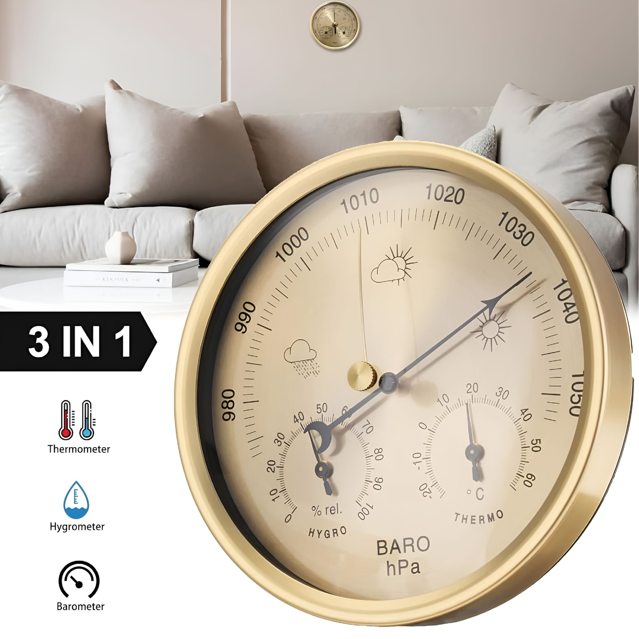 GJX 2026 New Analog Weather Station 3 in 1 Stainless Steel 132 Mm Barometer Thermometer Hygrometer for Home,Office,Study Gold