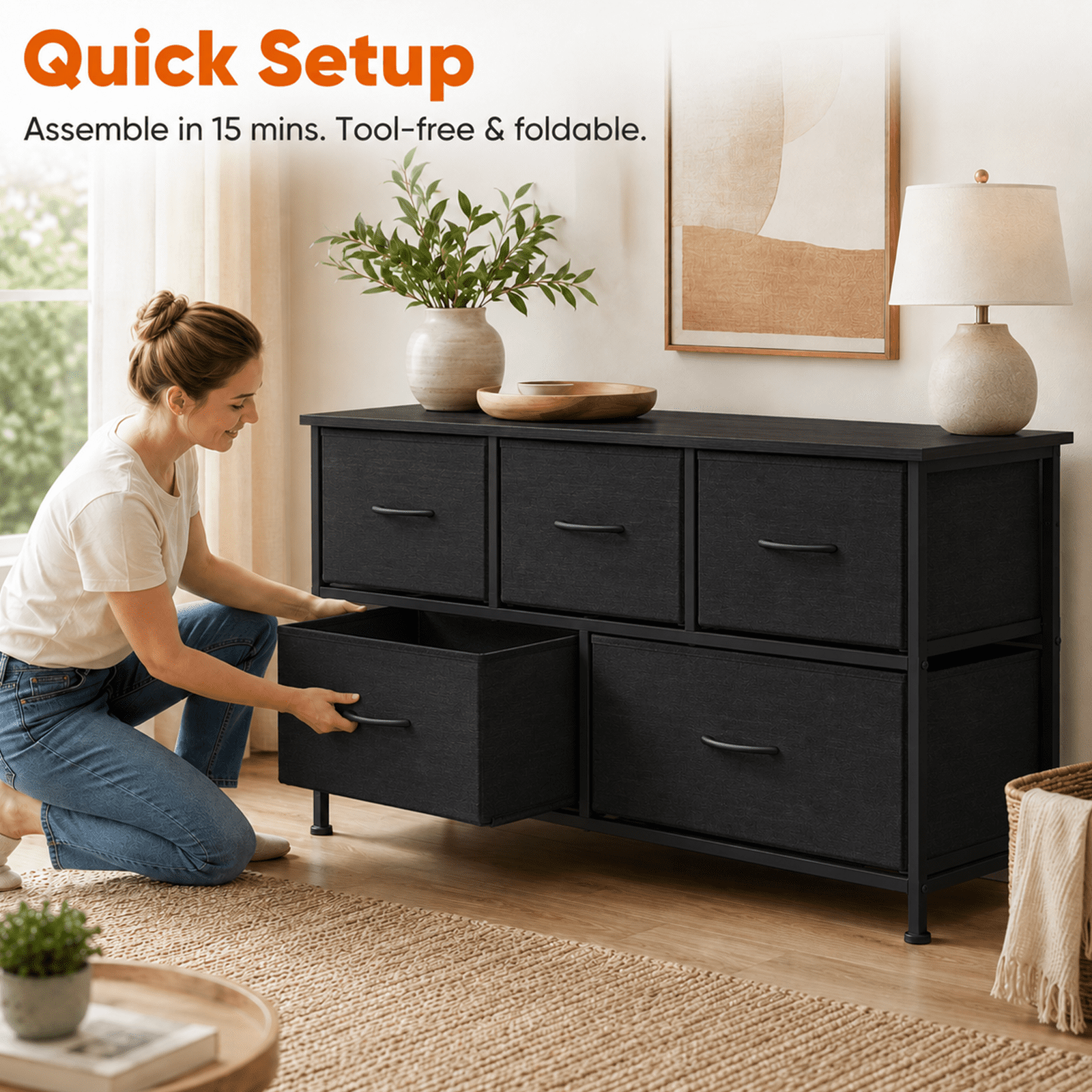 Alvantor Dresser for Bedroom with 4/5 Storage Drawers, Dressers Chest of Drawers Fabric Dresser with Sturdy Steel Frame, Wooden Top Cabinet Night Stand Dresser for Closet