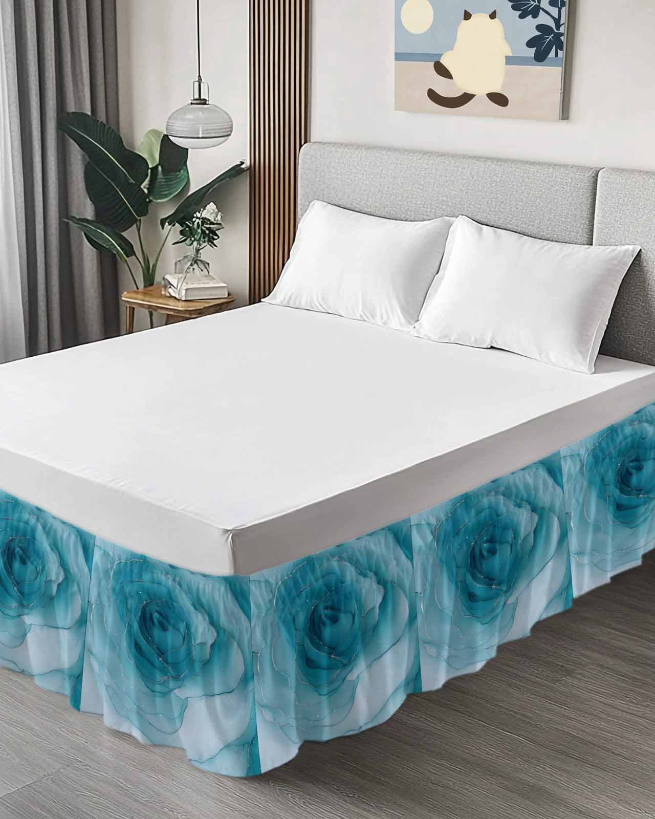 Marble Teal Blue Wrap Around Bed Skirts for King Bed 16" Drop,Bed Skirt with Adjustable Elastic Belt Dust Ruffle Bed Valance for Bedroom Hotel Modern Rose Floral Ink Art Silver Lines Bed Frame Cover
