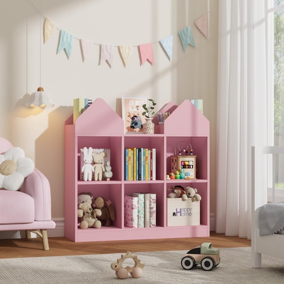 House-Shaped Kids Bookshelf, Kids Dollhouse Bookcase and Toy Storage Organizer, Storage Cabinet for Kids Room, Playroom, Nursery, Classroom & Kindergarten, White/Green/Pink/Natural