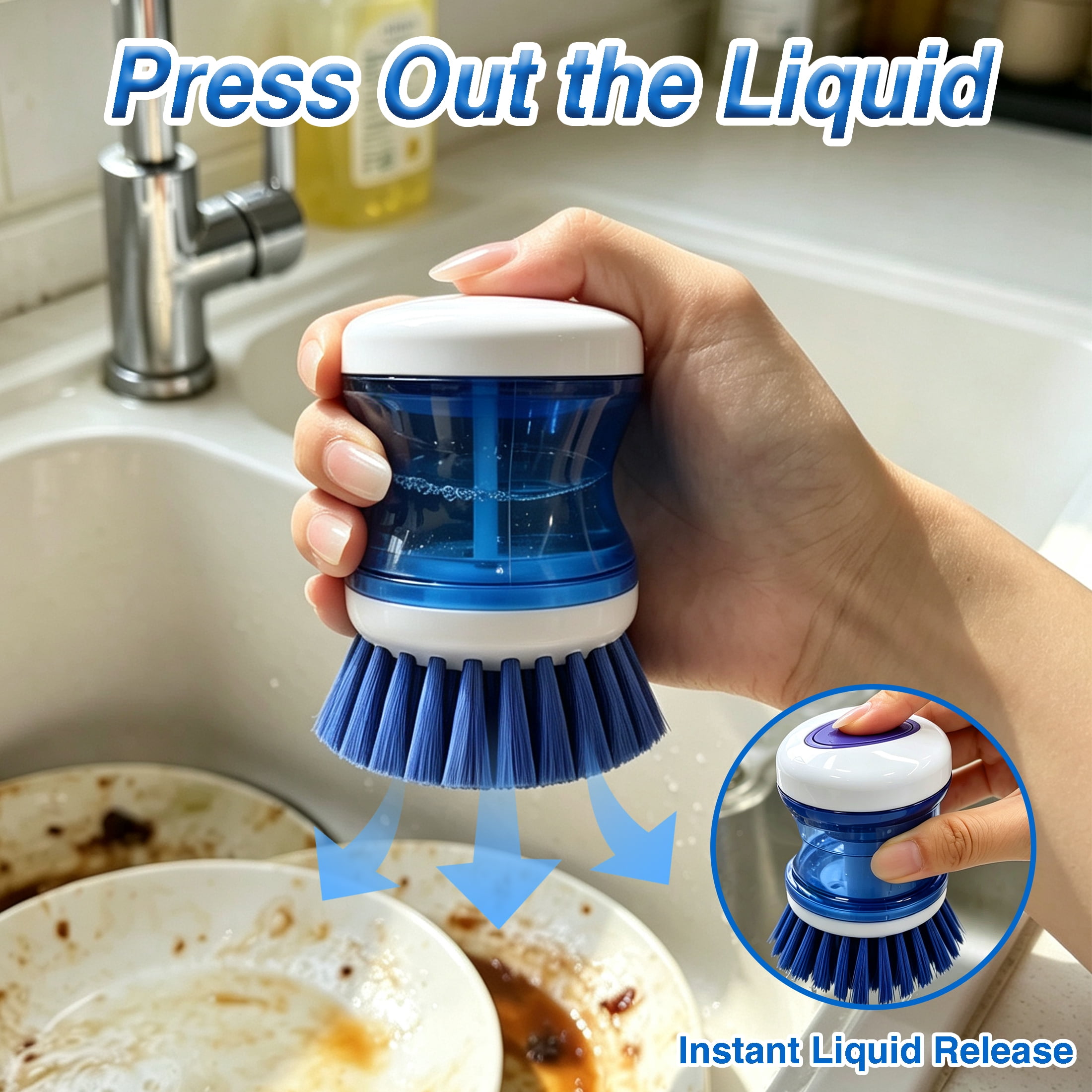 GARITIN 2 Pcs Soap Dispensing Dish Brush, Press‑Type Handheld Kitchen Scrub Brush with Stiff Bristles for Pot Pan Sink Dishwashing Cleaning