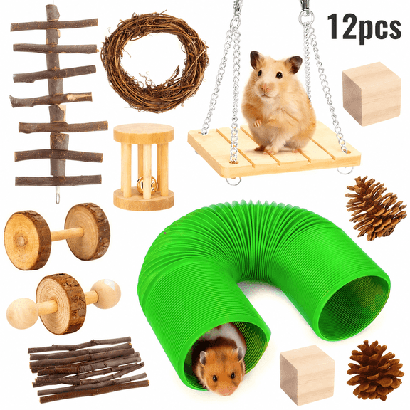 12-Piece Hamster Chew Toys Set, Natural Wood Guinea Pig Toys with Tunnel & Swing, Interactive Activity Accessories for Rabbits, Chinchillas & Gerbils
