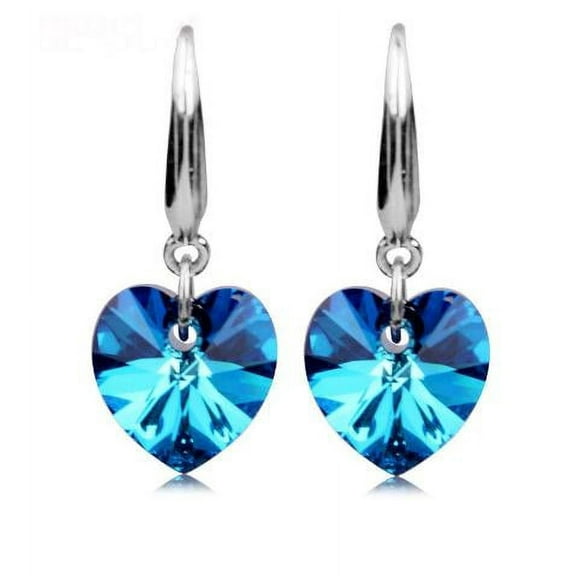 Aqua Blue Austrian Crystal Heart White Gold Plated Drill Earrings for Women Special Occasion Birthday Holiday