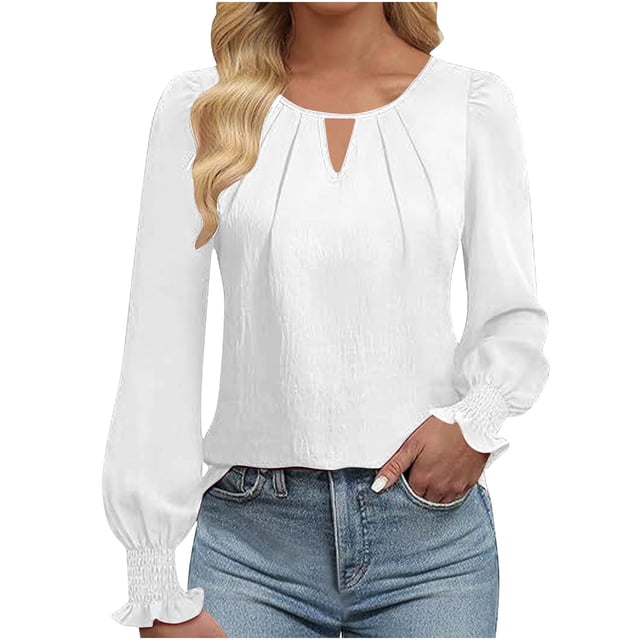 FAIWAD Womens Long Sleeve Tops Dressy Keyhole Pleated Puff Sleeve Pullover Trendy Basic Work Office Business Shirts