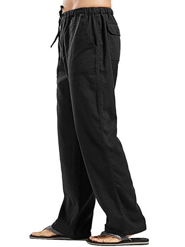 Mysszz Men's Solid Color Drawstring Pockets Elastic Waist Casual Linen Pants