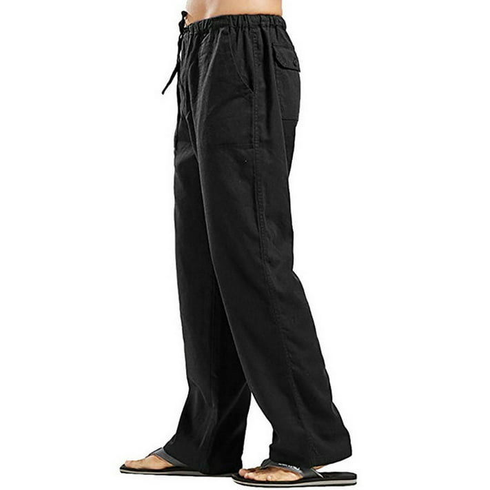 DYMADE Men's Casual Elastic Waist Pockets Drawstring Linen Pants