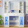 thumbnail image 2 of PUFFCAFE Makeup Vanity Desk with Mirror and Lights,Glass Top Vanity Table with RGB Cabinets,Large Dressing Table for Women Bedroom,White Vanity, 2 of 8