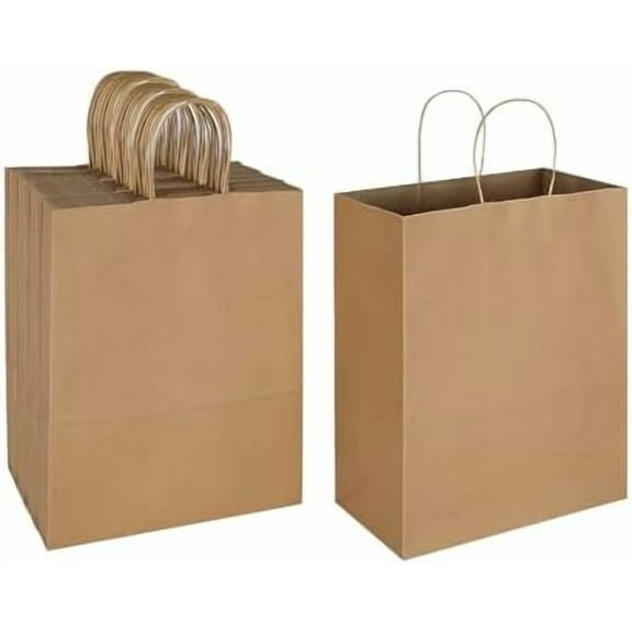 50 Pack 10x5x13 Plain Natural Brown Kraft Paper Bags with Handles Bulk for Birthday Party Favors Grocery Retail Shopping Business Goody Recycled Craft Gift Bags (Large Size, 50 Count)