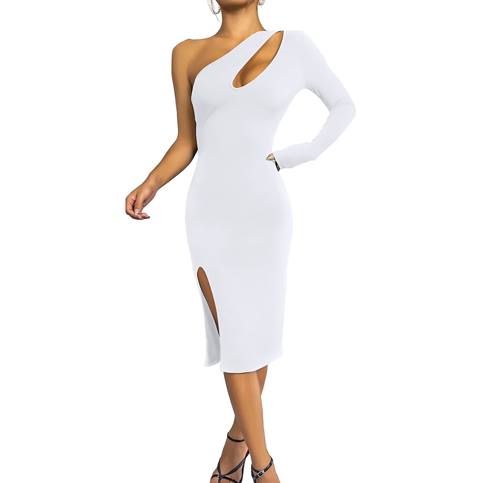 Womens Shoulder Bodycon Dress Side Slit Midi Cocktail Party Dress