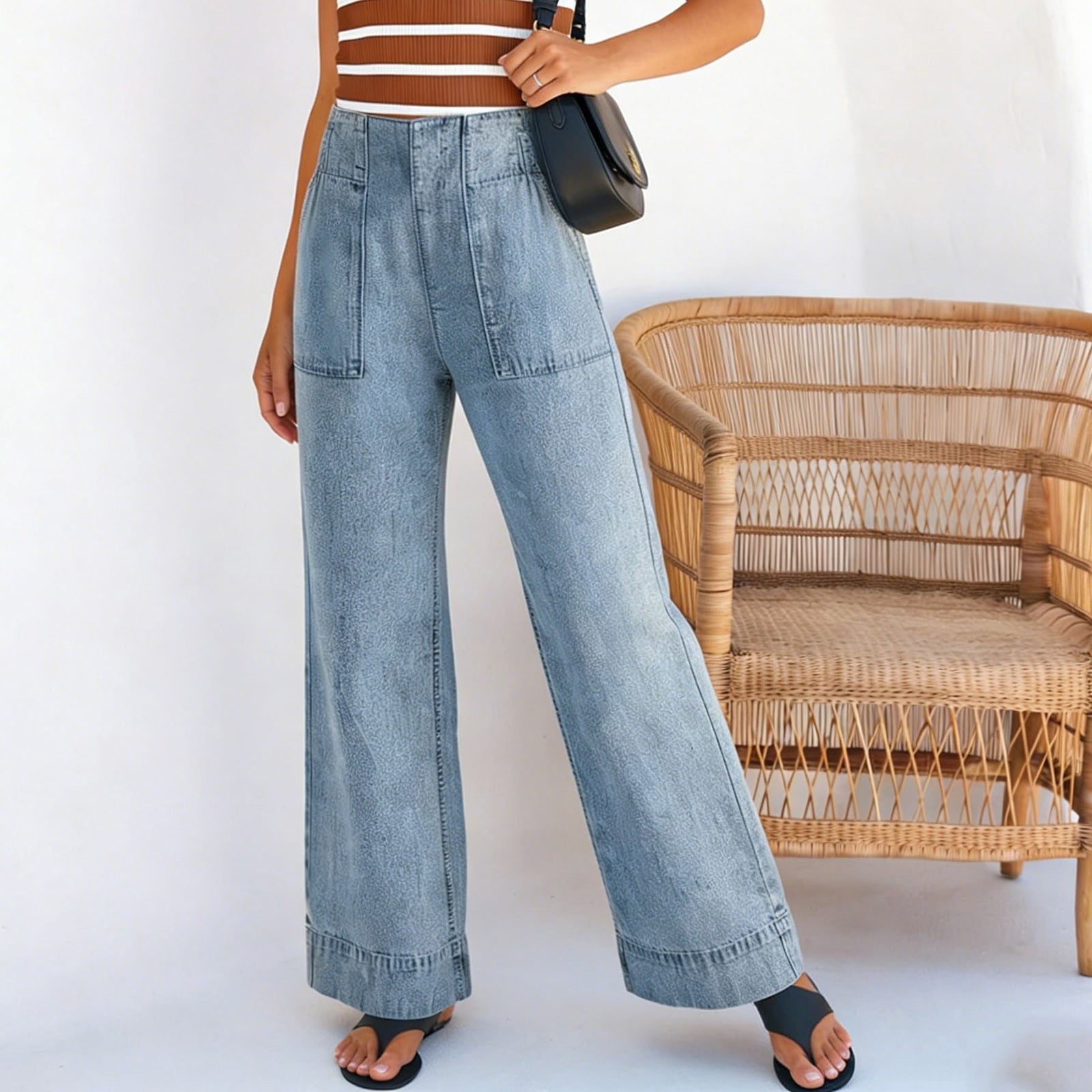 Women's High Waisted Jeans, Versatile Straight Leg Stretchy Streetwear Business Casual Denim Pants with Pockets
