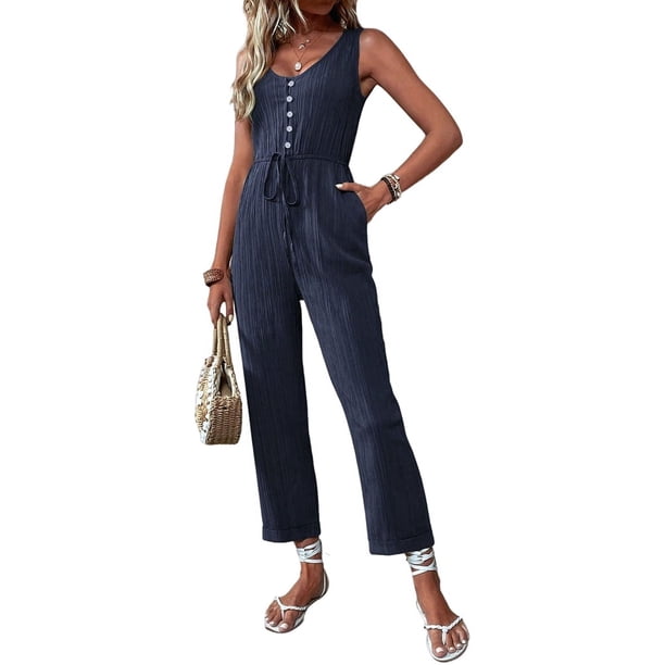 Elegantes de Verano para Mujer, Sin Mangas, con Cuello en U, Informales, de Pierna y Pantalones Largos 2025, Azul Marino, Talla XL