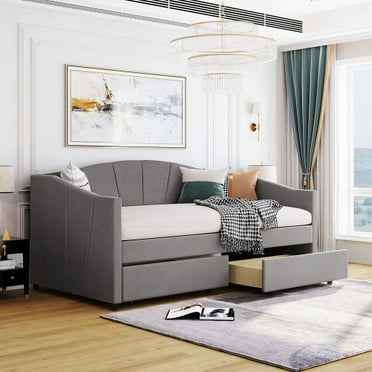 Twin Size Upholstered Daybed with Roll-Out Trundle,Velvet Tufted Wood Frame Sofa Bed with Wood Slat Support,Guest Bed for Living Room Bedroom,No Box Spring Needed,Mattress Not Included