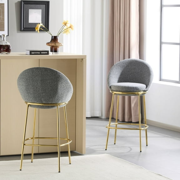 GDF Studio 30" Modern Upholstered Bar Stools, Gold Metal Frame, Mix Gray Cushion, Round Solid Back, Set of 2