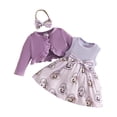 thumbnail image 3 of Y-Sunset Girls 3 Piece Halloween Outfit Set, Purple Ruffle Long Sleeve Cardigan Pumpkin Print Sleeveless Dress Matching Bow Headbandy(Purple/3-6 Months), 3 of 9