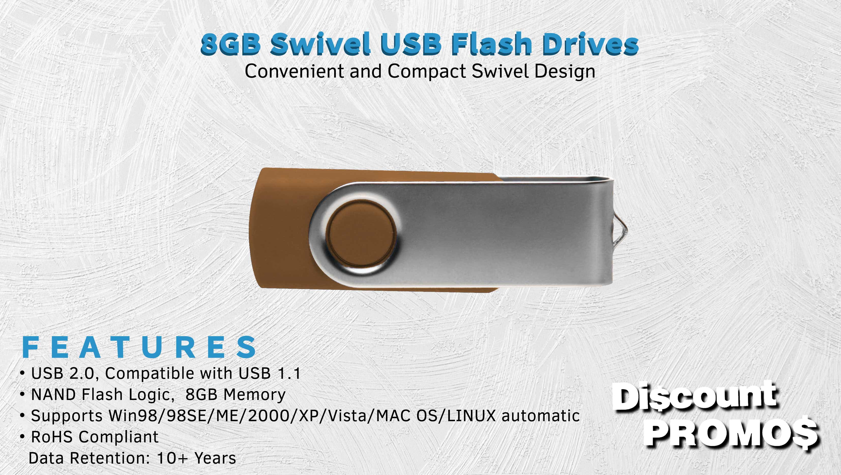 6 Swivel USB Flash Drives Pack, 8GB - Pocket size, Long Data Retention - Brown
