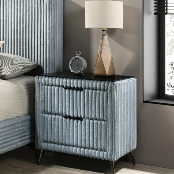 Blue Corduroy Upholstered Nightstand - Modern Bedroom Furniture With 2 Drawers And Build Nightstand, Drawer Storage Metal Legs Design
