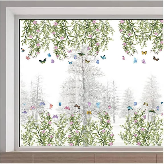 46x15/116x38cm Foral Window Clings Double Sided Hanging Vine Glass Sticker Flowers Window Decals Butterfly Plant Leaf Non Adhesive Static Vinyl Film for Glass Sliding Door Green