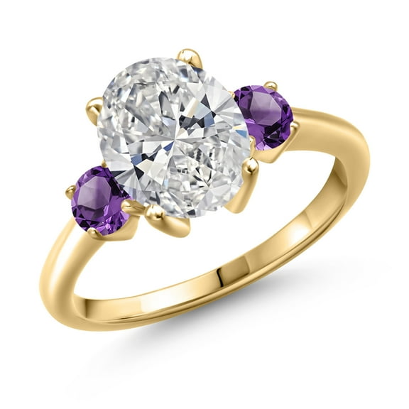 2.50 cttw IGI Certified Lab Grown Diamond and Purple Amethyst 3-Stone Engagement Ring for Women | 18K Yellow Gold Plated Silver | Center 2.00 Ct Diamond | E-F Color | VS1-VS2 Clarity | Size 9