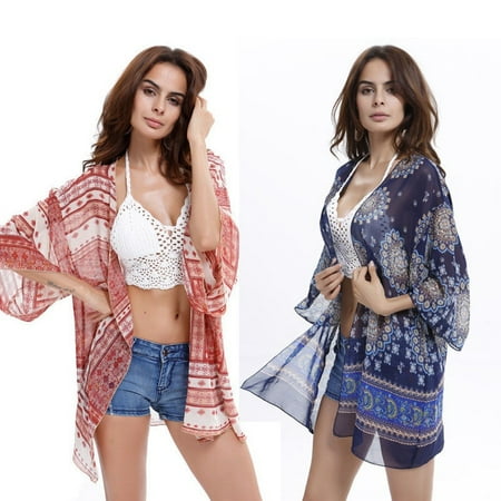 Womens Floral Print Swim Wear Beach Bikini Cover Up Dress Kaftan Kimono Shirt Dr