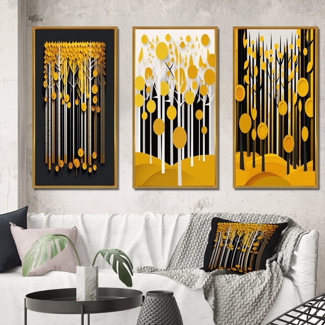 Designart "Quill Minimalism Abstract Yellow Forest I" Landscape Trees Framed Wall Art Set Of 3 - Yellow Trees Frame Canvas Set For Living Room Decor