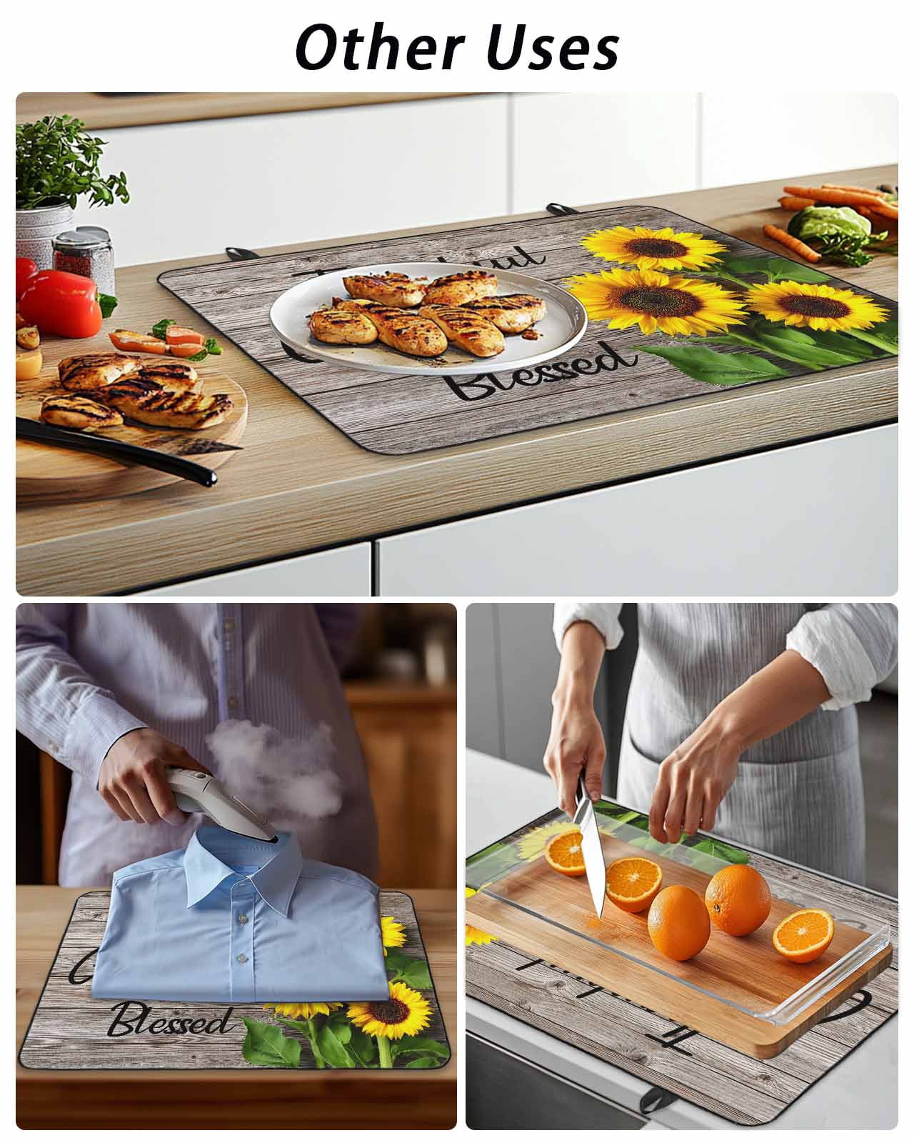 Stove Top Covers for Electric Stove, Farm Sunflower Glass Stovetop Cover Protector, Positive Floral Vintage Brown Wooden Induction Cooktop Protector Oven Mat for Kitchen Countertop 24"x21"