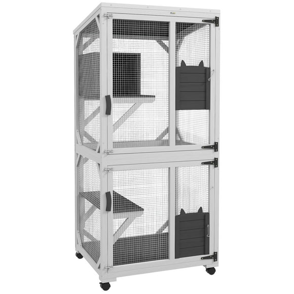PawHut Outdoor Cat House, Large Catio with Wheels, Resting Box, White & Grey