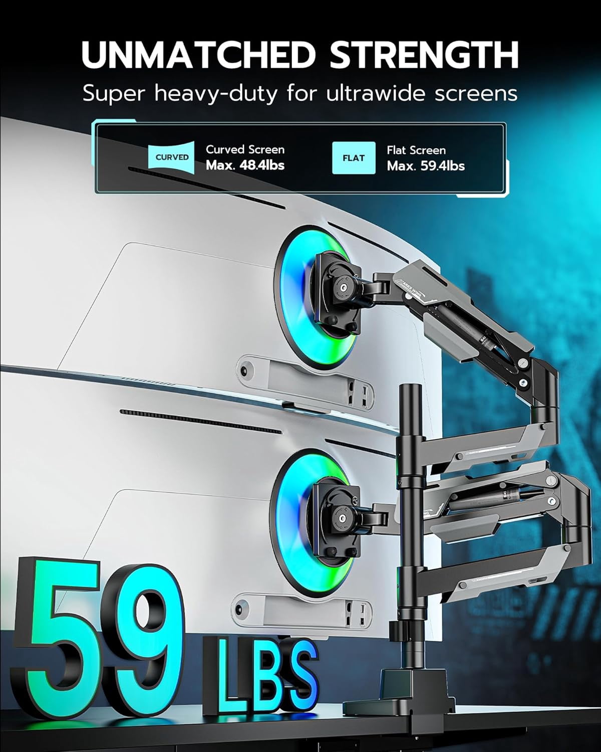 ARES WING Dual Monitor Stand, Adjustable Stacked Monitor Mount with USB Heavy Duty Gas Spring Monitor Desk Stand for 2 Monitors for 24-57 Inch Ultrawide Screen, 75/100/200 Vesa Mount, Black
