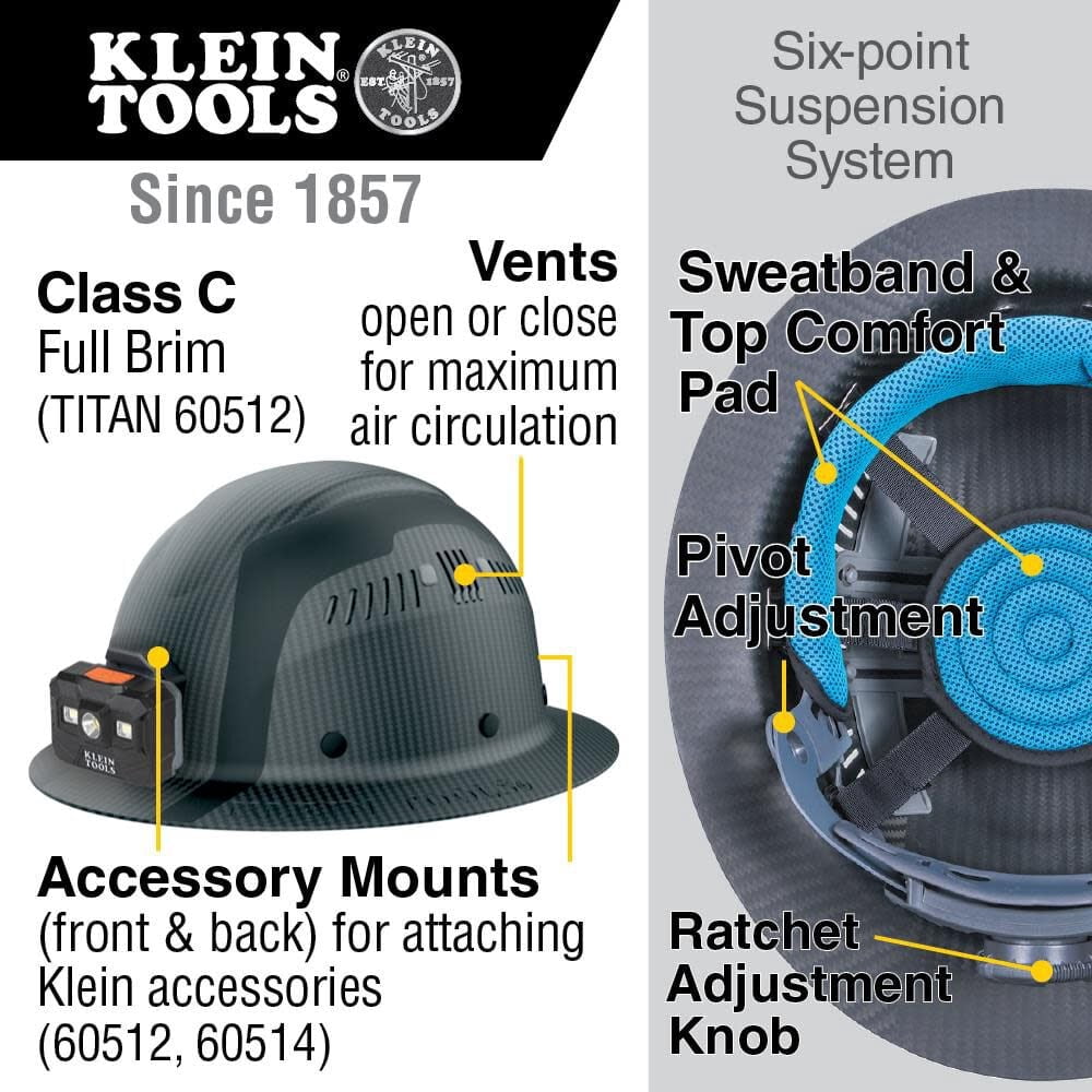 Klein Tools 60512 Klein Carbon Fiber Full Brim Hard Hat with Headlamp