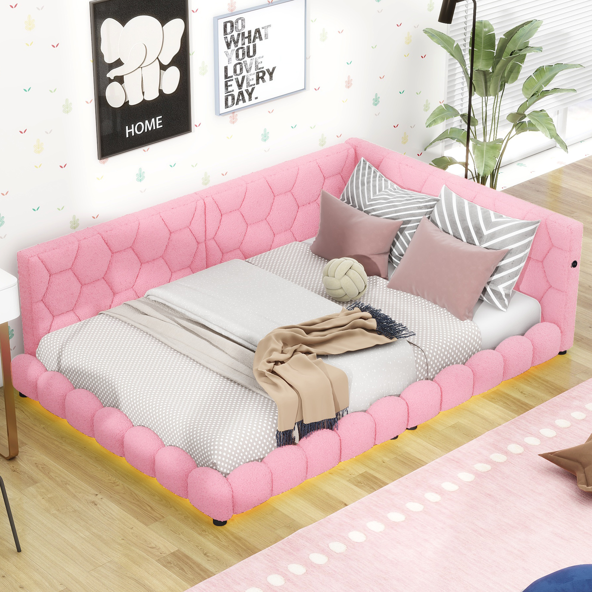 Euroco upholstery Tufted Full-Size Low Profile Daybed with USB Charging and LED Light Pink