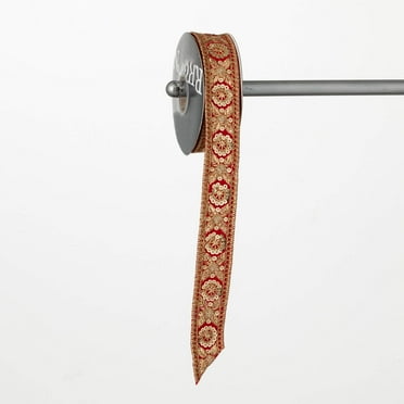 15'L Sullivans Red Christmas Ribbon With Gold Brocade, Red-Gold