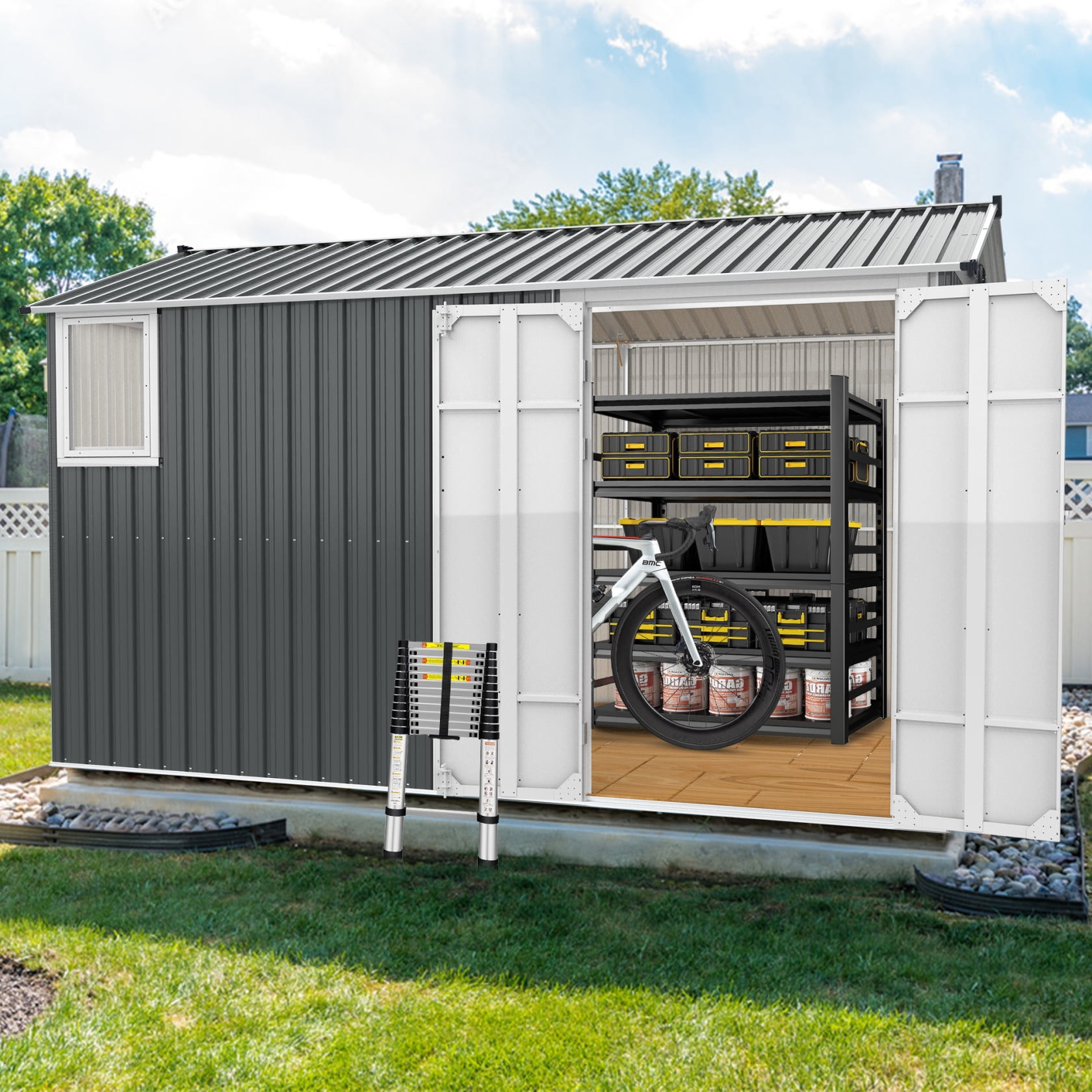 Miekor Furniture 8x12 Ft Metal Outdoor Storage Shed with Window, Floor Base, Air Vents and Double Hinged Door 99475