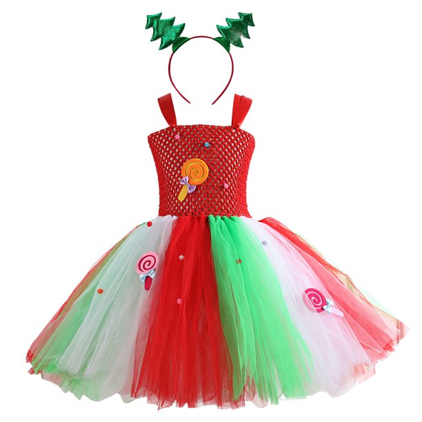Gibobby Vestido de manga corta con estampado de Navidad Vestido de tul para niñas, vestido de desfile, fiesta de Navidad, disfraz de Cosplay, vestidos, conjunto de diadema (Rojo, 10-12 años)
