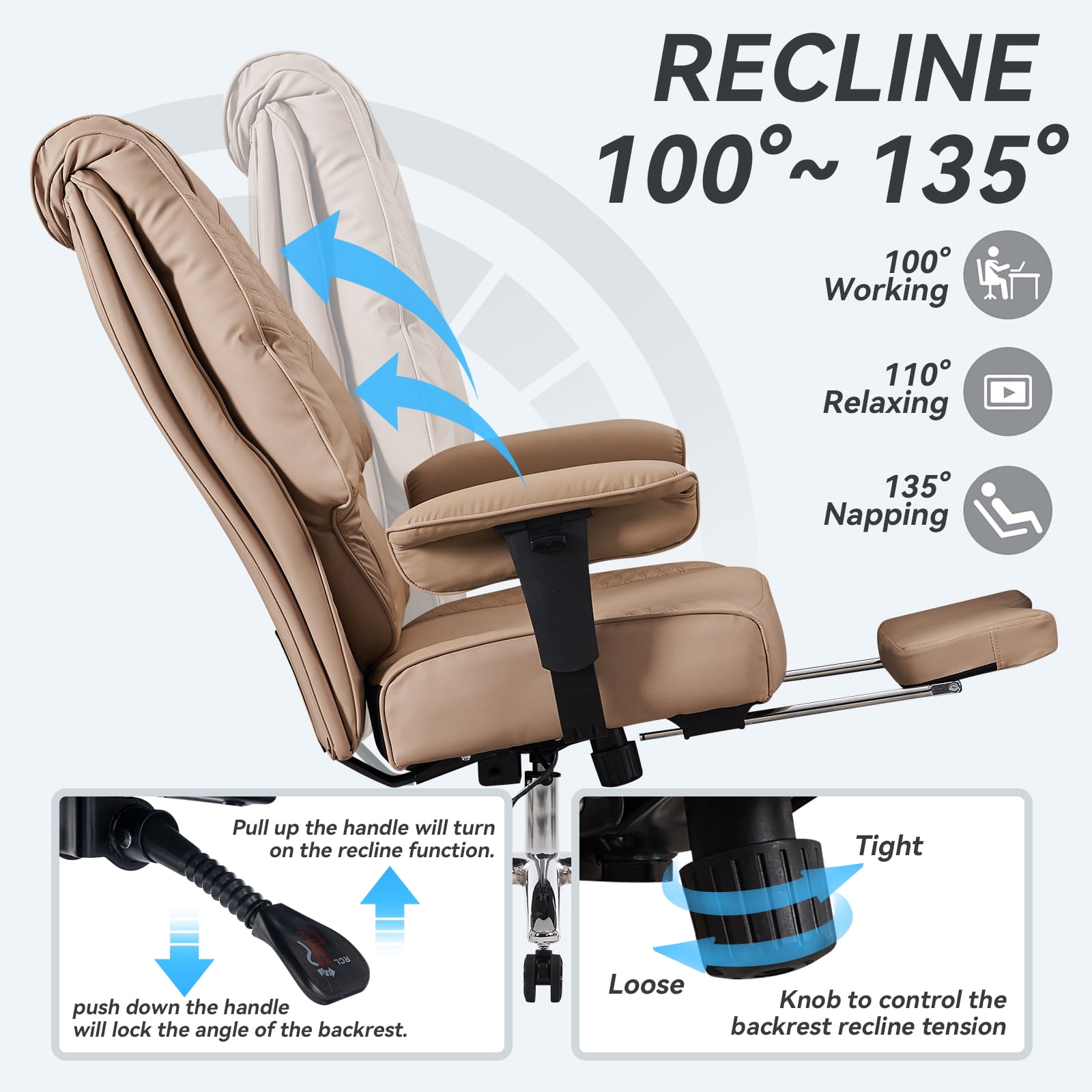 ATMILD High Back Ergonomic Office Chair Big and Tall Leather Executive Computer Desk Chair with Footrest, Brown