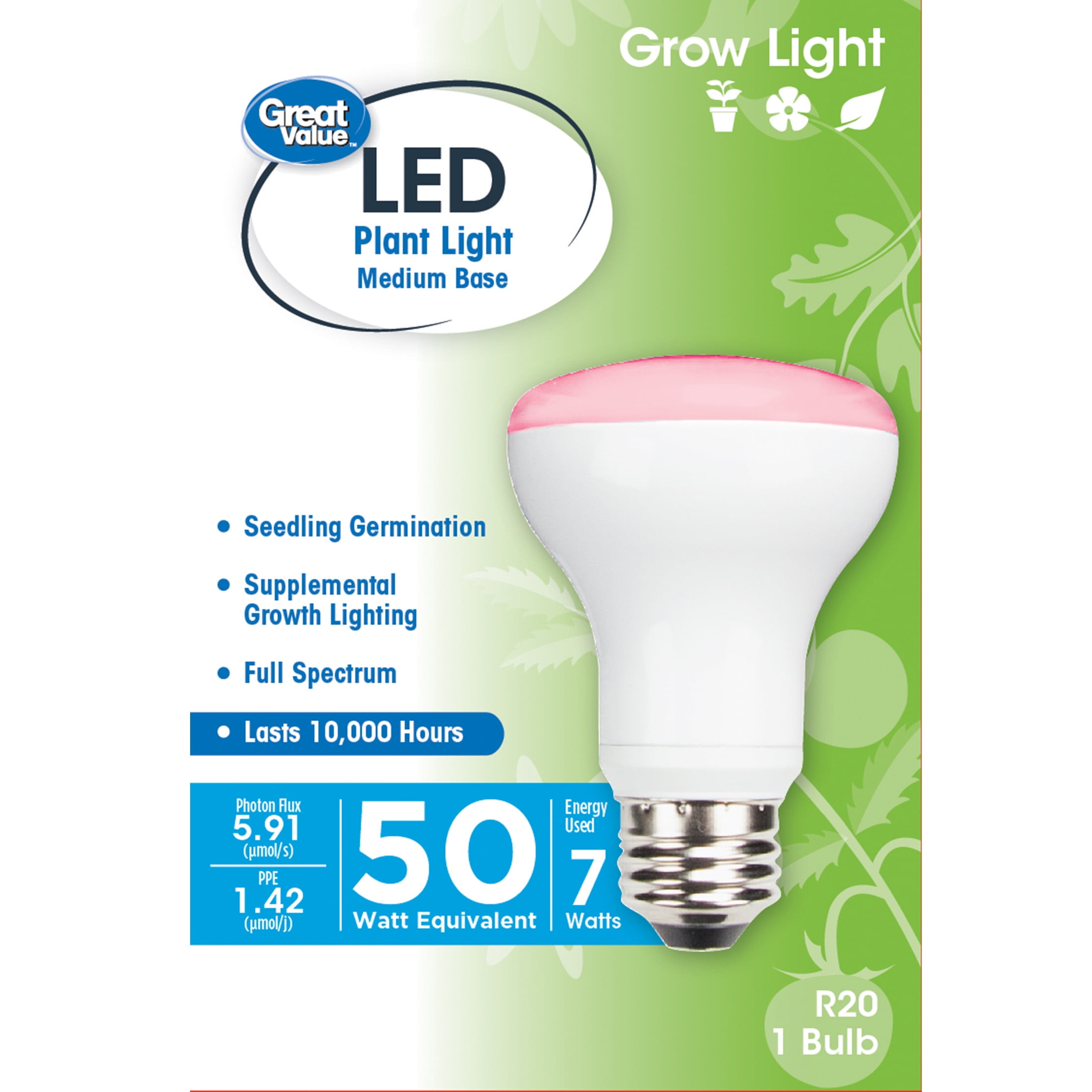Great Value LED Light Bulb, 7W (50W Equivalent) R20 Grow Light E26 Medium Base, Non-Dimmable, Plant, 1-Pack