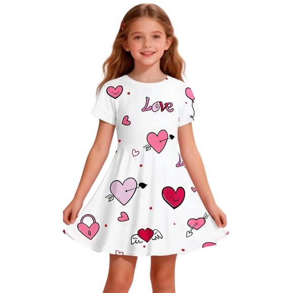 Glisme Fashion Girls Dresses Size 2-3 Y Short Sleeve Heart Print Dress Party Gown With Bow For Toddler Kids Pink Sundress For Girl