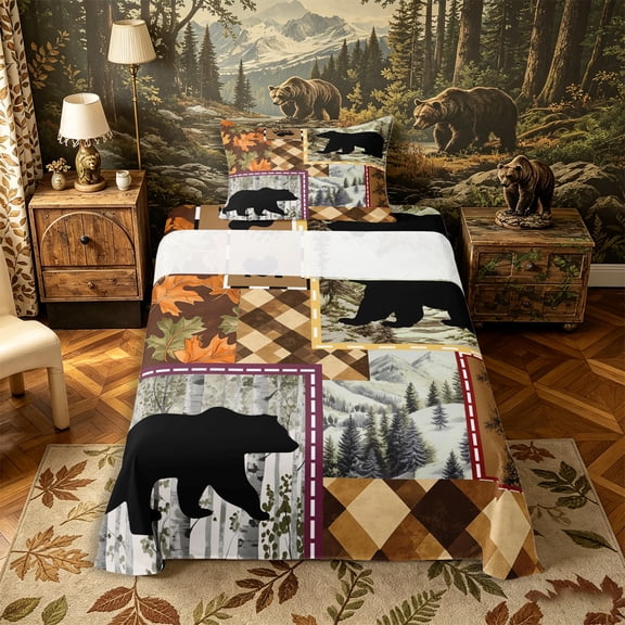 Castle Fairy Woodland Animal Bear Twin Sheets 3pcs,Jungle Leaves Retro Checkered Bedding,Brown Orange Cream,1 Fitted Sheet, 1 Flat Sheet and 1 Pillowcase