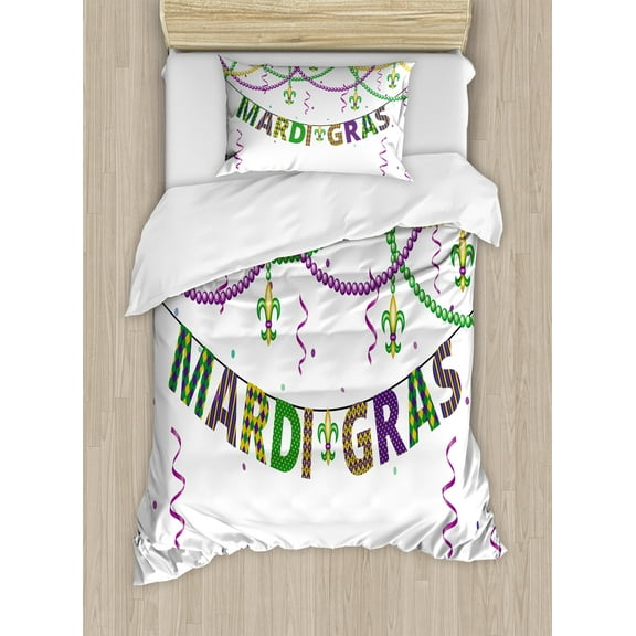 Ambesonne Mardi Gras Duvet Cover Set, Fleur De Lis Beads, Twin, Purple Green Yellow