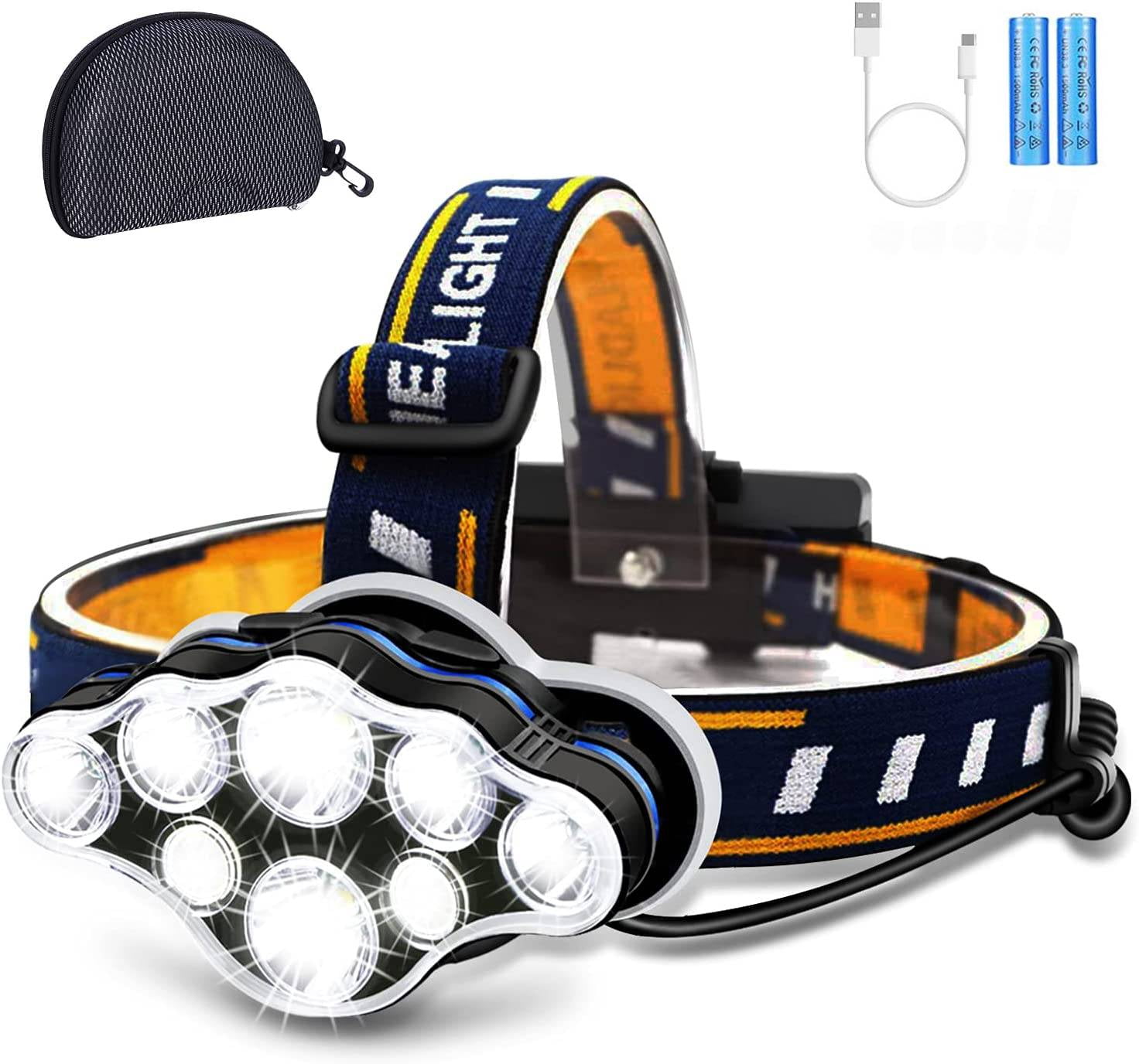 Rechargeable Headlamp, 8 LED Headlamp Flashlight 18000 Lumen 8 Modes